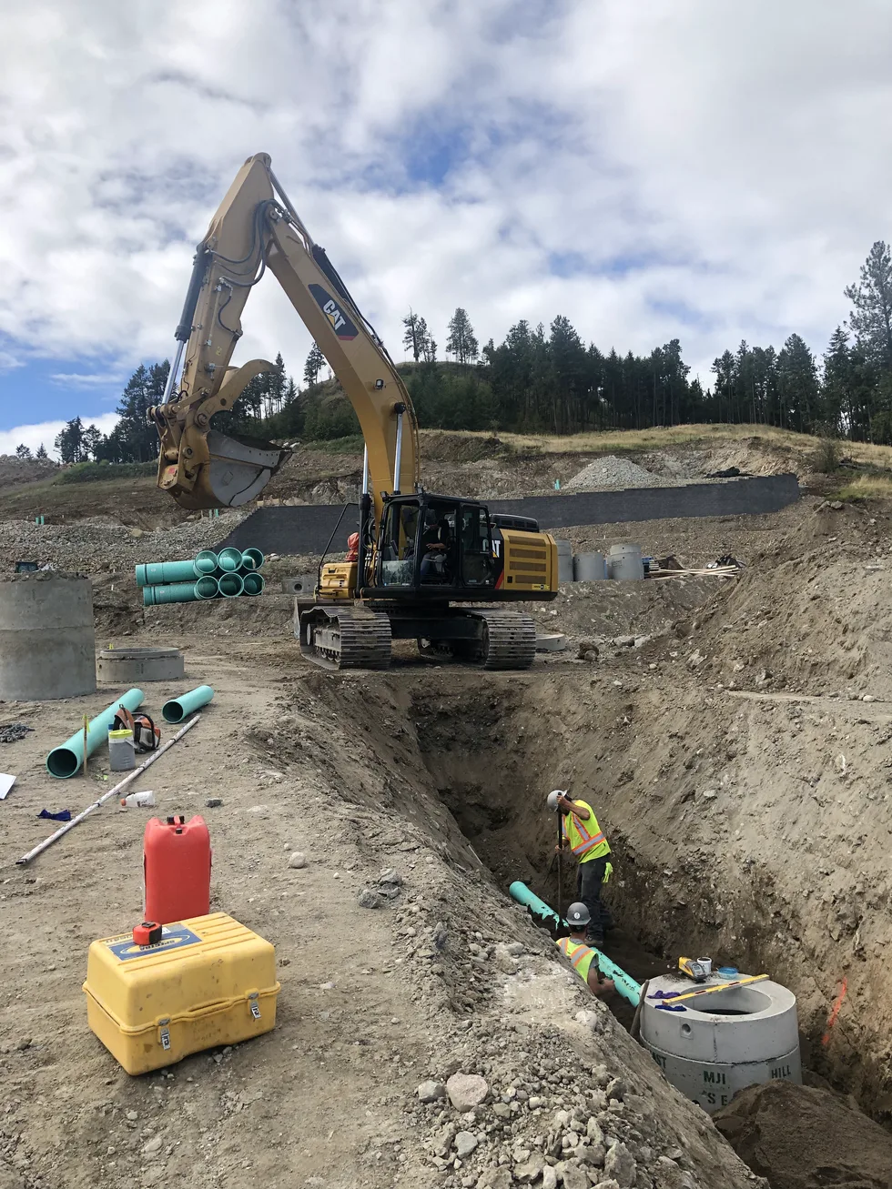 Excavation site with workers and an excavator