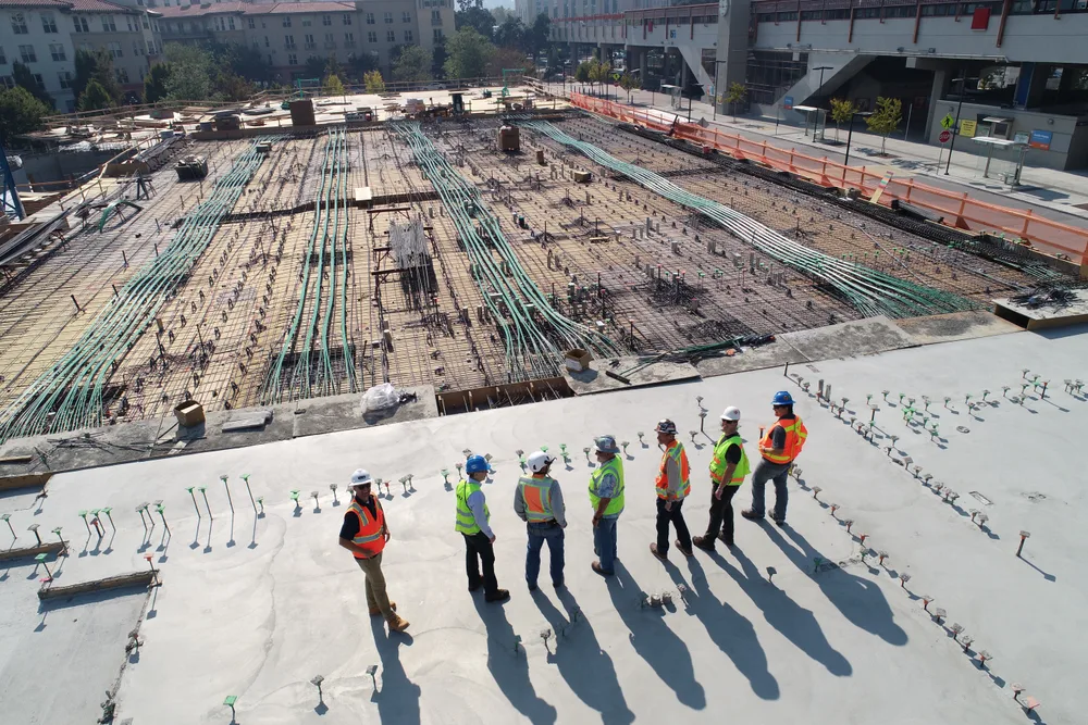 Construction team gathered on a building site